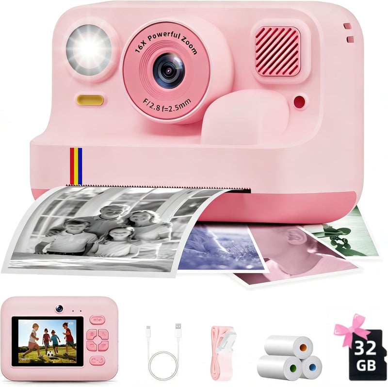 BILEBAK Instant Print Camera for Kids, Christmas Birthday Gifts for Girls Boys Age 3-15, 1080P Selfie Portable Digital Video Camera with 32GB SD Card, 3-Colored Print Paper- Pink - Image 1